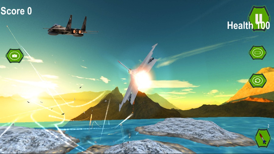 In-air still showing Score 0, Health 100, and side controls